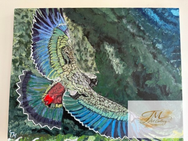 <strong style="display:block; color:#D4AF37; font-size:1.2em; font-weight:700; margin-bottom:8px; line-height:1.3;">Freedom</strong><br>
<span style="display:block; font-size:0.95em; color:#666; margin-bottom:10px; font-style:italic;">16" x 20" | Original Acrylic on Canvas</span><br>
<span style="display:block; font-size:0.9em; color:#555; line-height:1.6;">In their closeness sweep of wings, there is no restraint, only motion, instinct, and the quiet power of becoming. Freedom lives in the space we dare to take.</span> Artistic depiction of a flying parrot